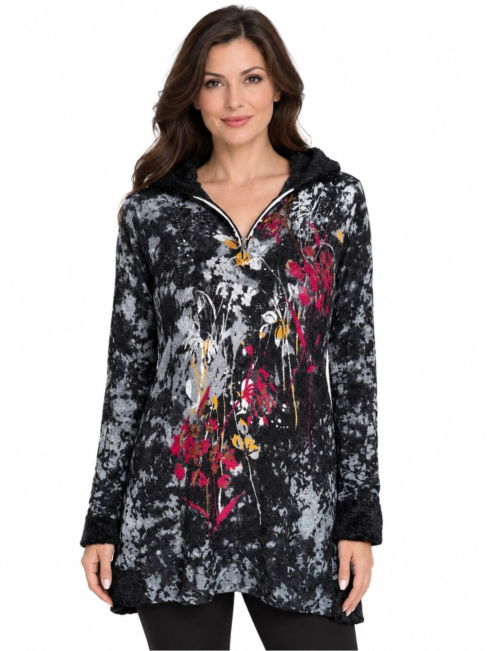 Alberto Makali Black Floral Faux Fur Collar Zip Tunic Large